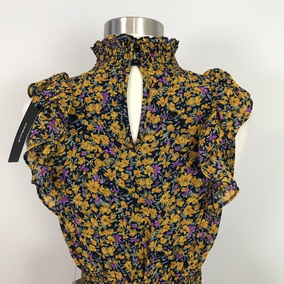 Lulus XS Evalina Midi Dress High Neck Floral Yellow Purple - Picture 13 of 16